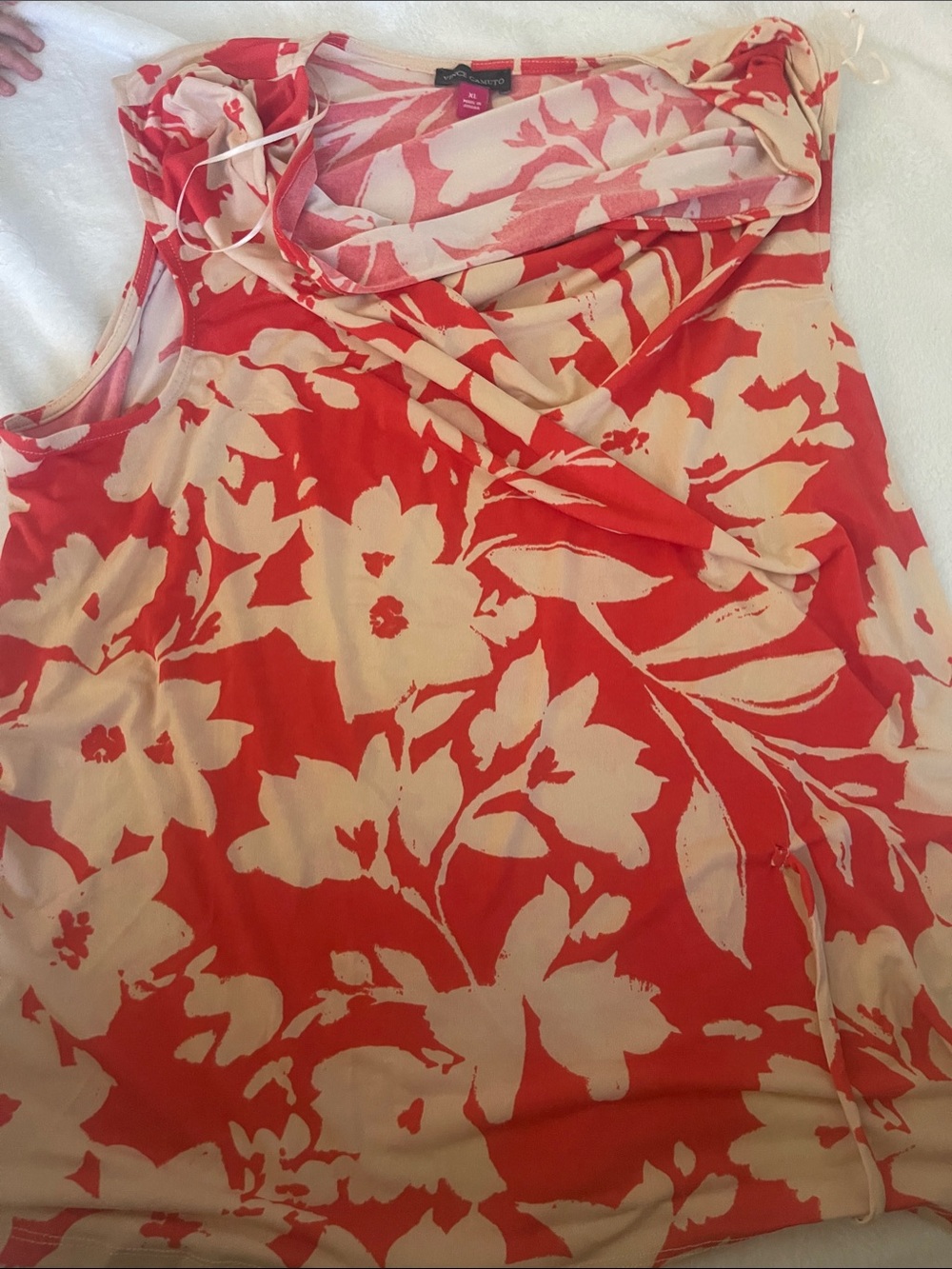 Ann Taylor Red and Cream Floral Sleeveless Cowl Tank